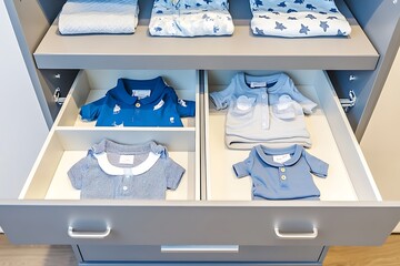 A drawer filled with neatly folded infant garments in various shades of blue and white, including bodysuits, tops, and leggings, with some items placed in separate compartments