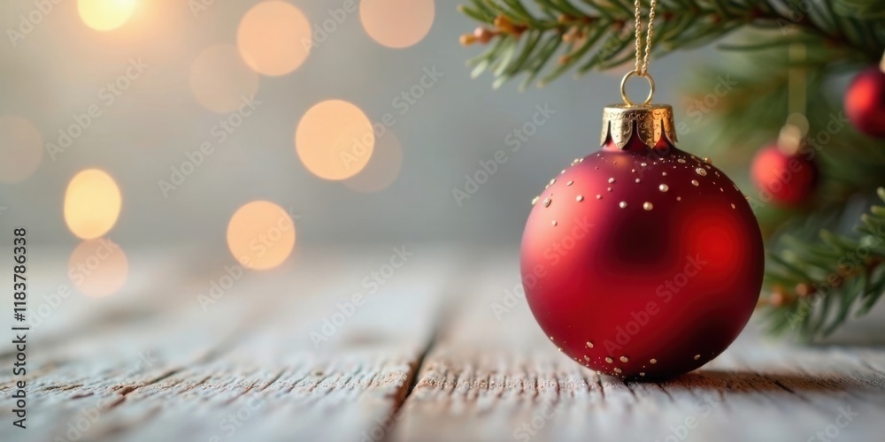 Poster A Festive Red Ornament Hanging from a Pine Branch on a Rustic Wooden Surface with a Soft Bokeh Background