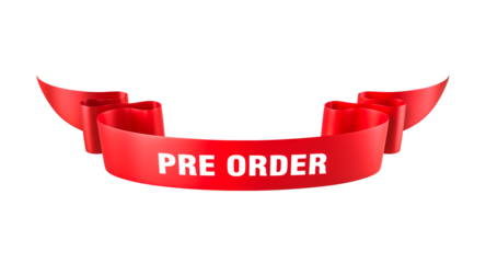 Red ribbon showing pre order on transparent background