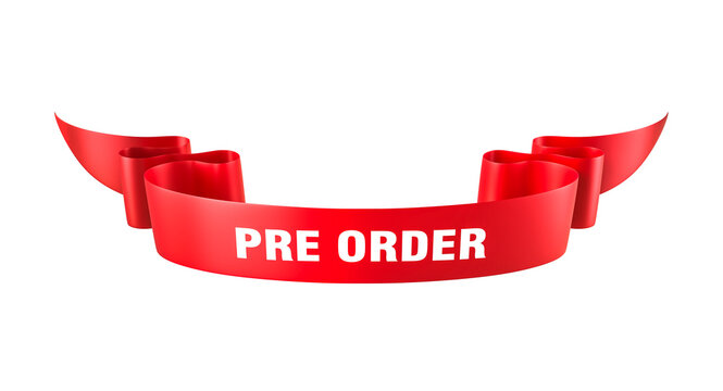 Red ribbon showing pre order on transparent background