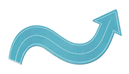 Curved blue arrow on a white background.