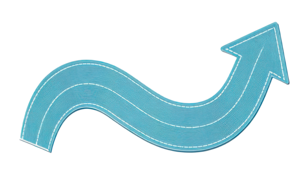 Curved blue arrow on a white background.