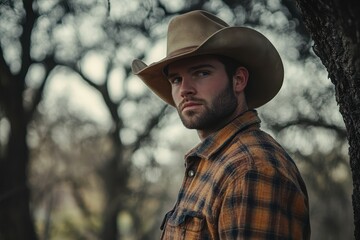 Male figure in cowboy attire reflecting western ranch life in Texas featuring flannel and hat in a natural outdoor setting