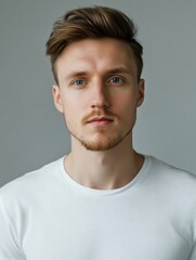 Fototapeta premium A young man stands against a neutral wall, wearing a simple white shirt