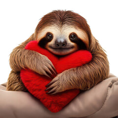 Fototapeta premium Sloth holding a red heart on a white isolated background