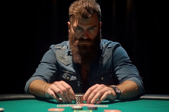 Man with a beard playing poker at a green table