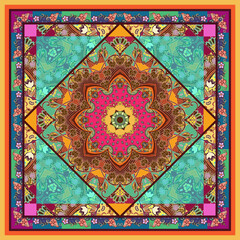 Bandana print with beautiful stylized flower on ornamental background. Square pattern with ethnic motifs.