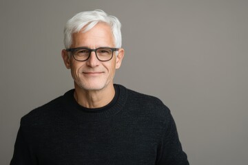 Portrait of an elderly man with white hair wearing a dark sweater and gazing into the distance against a gray backdrop