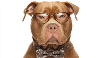 Adorable dog in glasses and bowtie studio setting pet portrait humorous concept