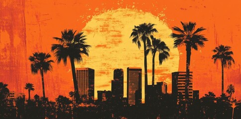Urban Sunset Palm Trees Silhouette Cityscape