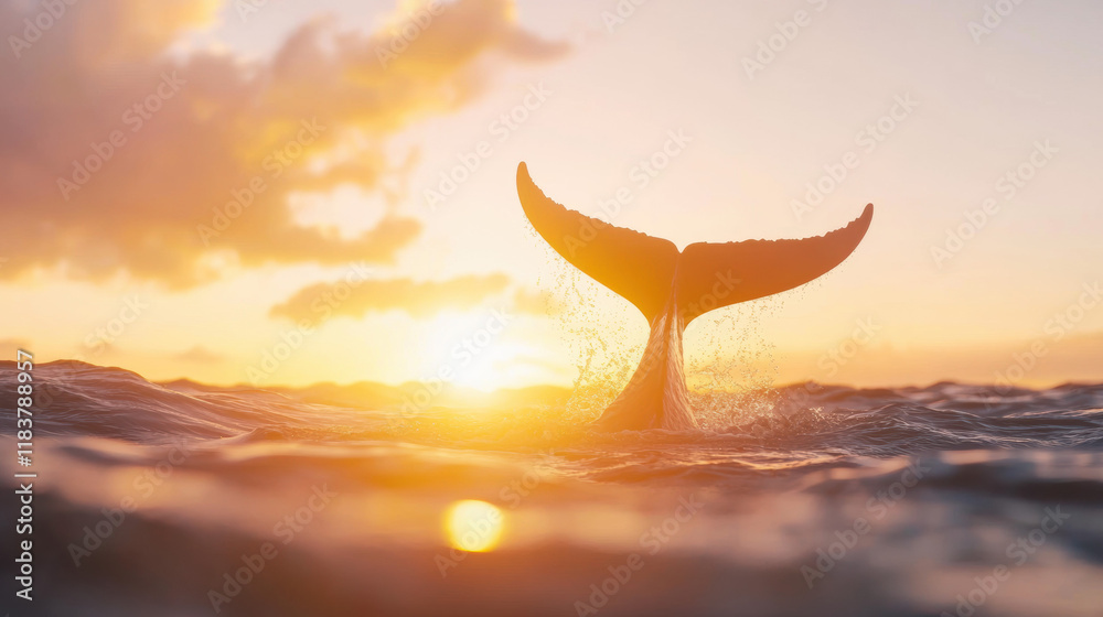 Poster whale tail emerges from ocean at sunset, creating serene atmosphere. warm colors of sky reflect on w