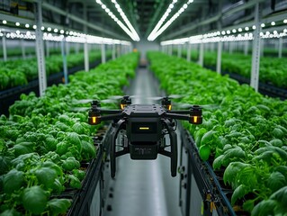 A robotic system tending to lush greenery in an indoor farm. The aerial drone provides care and irrigation, supporting growth in a controlled, tech-driven environment.