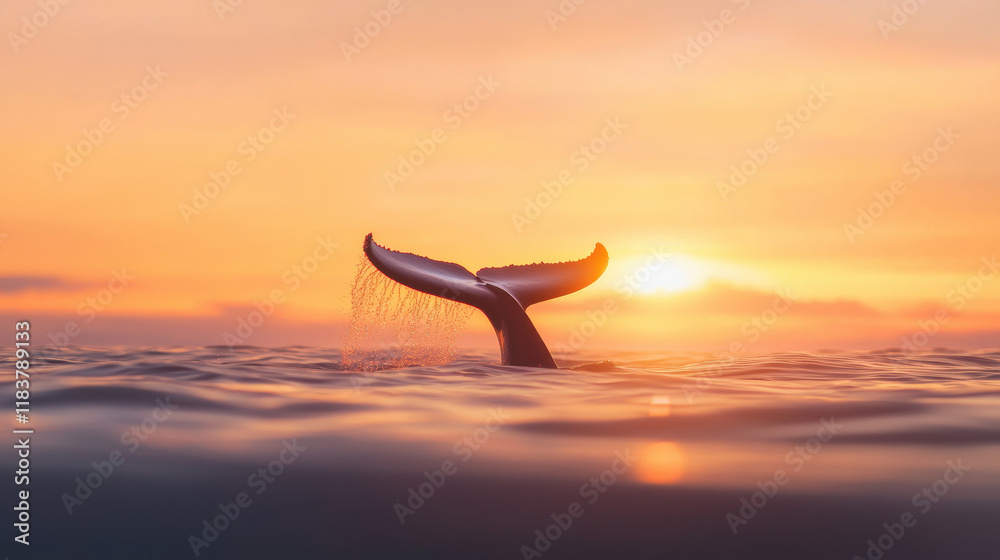 Aufkleber whale tail emerging from ocean at sunset, creating serene atmosphere