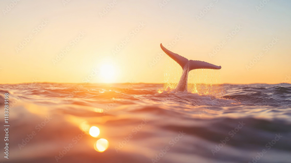 Aufkleber whale tail emerges from ocean at sunset, creating serene atmosphere. warm colors of sky reflect on w