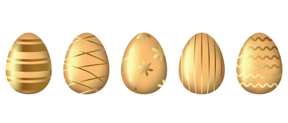 Golden traditional religious ornate Easter eggs set. Easter seasonal spring holiday. Beautiful gold eggs with different patterns