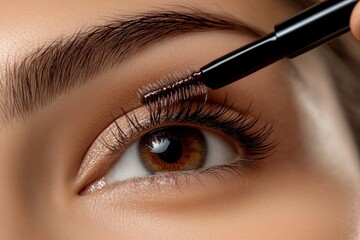 Zoomed in image of an appealing woman putting on mascara for a party against a brown backdrop