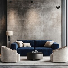 Modern living room interior featuring a navy blue sofa and textured seating against a concrete wall