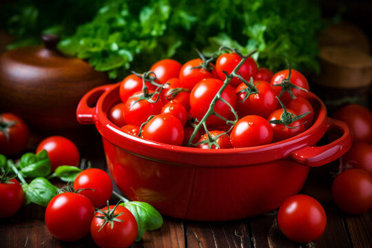 Red cherry tomatoes with basil and lettuce on a kitchen counter.