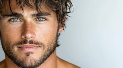 Obraz premium Captivating gaze of man with blue eyes and tousled hair