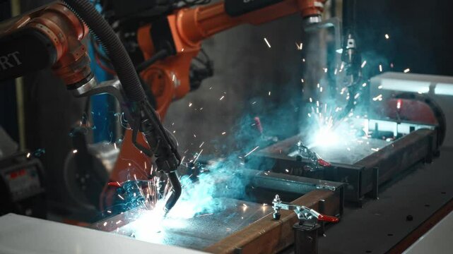 Automatic welding of steel parts using a robotic arm. Robotization and automation of production, to increase productivity at the enterprise.