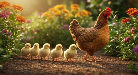 Hen Leading Her Chicks Through A Flower Garden