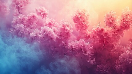 Fototapeta premium Delicate blossoms emerge through a smooth pastel gradient, merging pinks, blues, and soft yellows. This enchanting moment captures a tranquil morning filled with gentle hues and floral elegance