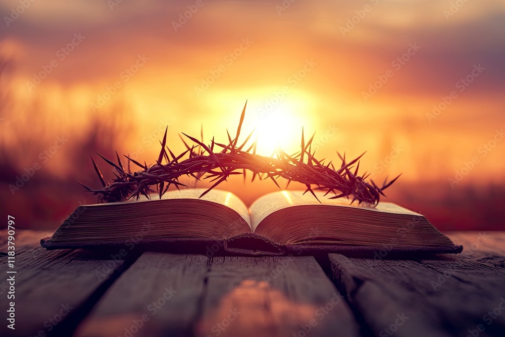 Wall mural christian cross and open book with a crown of thorns with a sunset scene background. palm sunday con