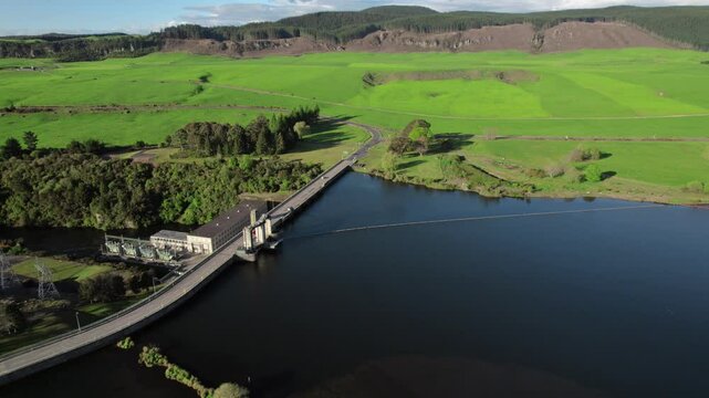 Amazing panorama drone view near the Whakamaru Dam hydroelectric power plant, Whakamaru, New Zealand.