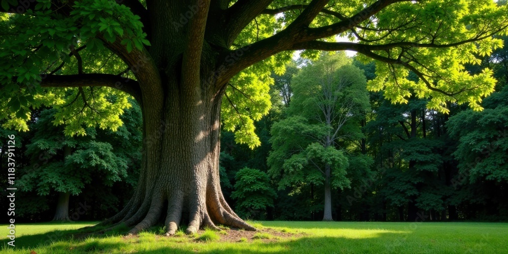 Poster majestic oak tree in a verdant forest setting at dawn