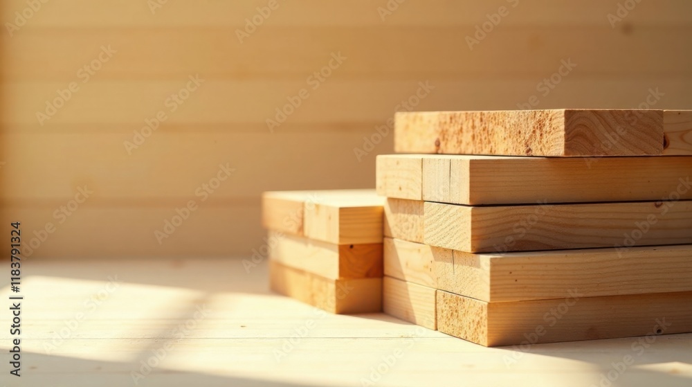 Poster sunlight illuminates stacks of untreated lumber ready for construction projects