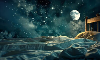 Unmade bed under starry night sky with full moon