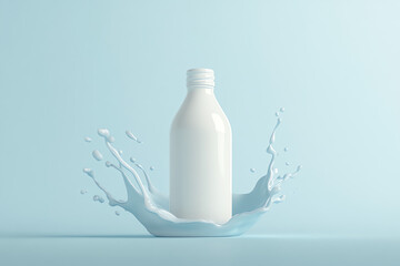 Milk Bottle with Splash on Pastel Blue Background