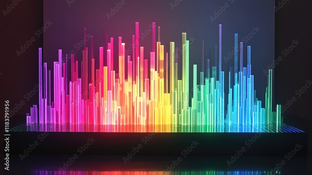 Poster a futuristic d stock graph with layered data points, showing trends in a vibrant color palette, pres