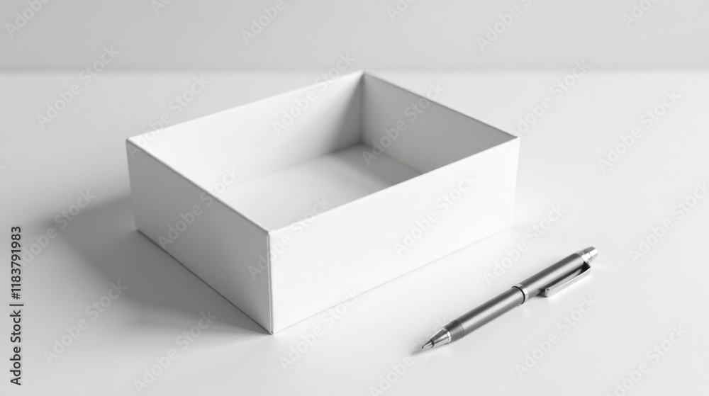 Poster empty white box and a silver pen on a table