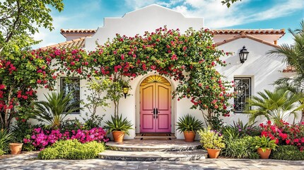 Fototapeta premium Mediterranean Dream Home: A vibrant bougainvillea archway frames a charming pink double door, inviting you into a sun-drenched Mediterranean-style home.