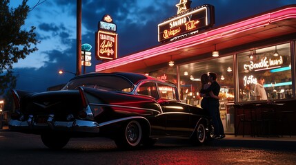 1950s roadside diner with a couple hugging near a classic car, warm glowing signs and the pulse of nearby conversations completing the scene