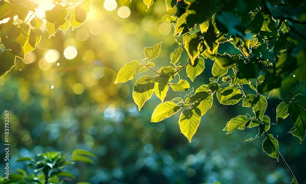 Wall mural sunlight filtering through vibrant green leaves, hint of bokeh effect in background
