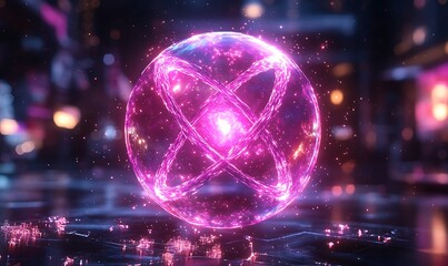 A luminous, rosy orb with a cruciform design on its surface, surrounded by smaller rosy fragments in a somber background.