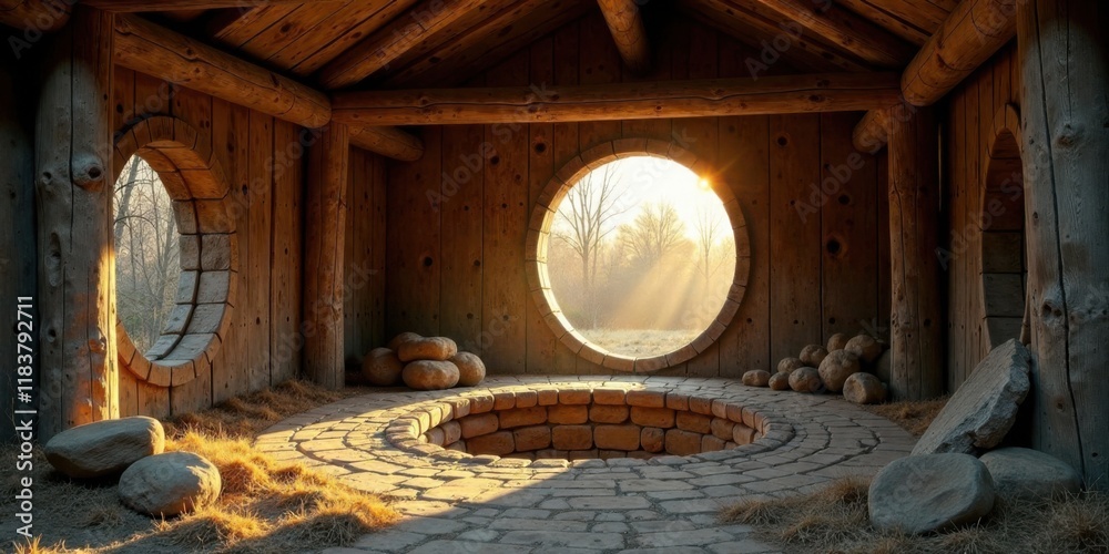 Poster Serene Sunrise Illuminates Rustic Wooden Structure with Circular Windows and Stone Well