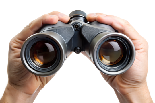 Exploring New Horizons: A pair of hands holds binoculars, ready for adventure and discovery.  The image evokes a sense of anticipation and exploration.