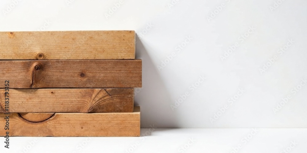 Poster neatly stacked wooden blocks against a white background