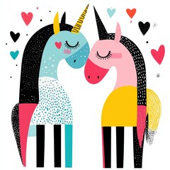 a magical hugging unicorn couple with Valentine hearts, whimsical and fantasy theme, colorful pastel tones, isolated on white background