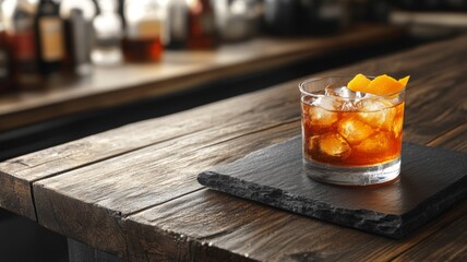 Refreshing Cocktail with Orange Twist on Rustic Wooden Bar Counter in Cozy Atmosphere