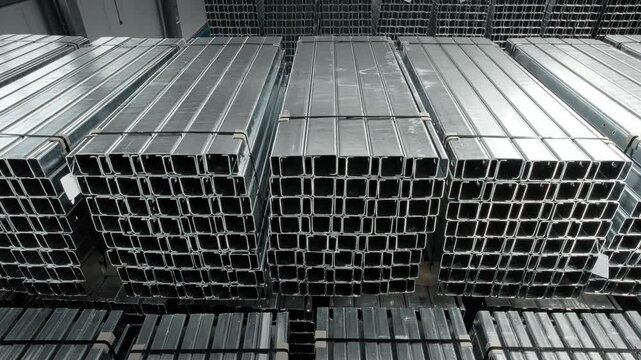 Finished goods warehouse. Steel beams and posts with galvanization, stored in the warehouse.
