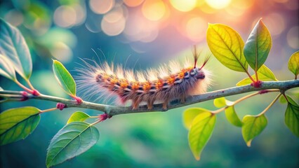 Fuzzy caterpillar macro, nestled on a leaf-laden branch, dreamy focus, nature's beauty captured.