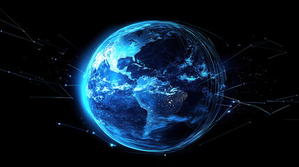 Obraz premium Digital blue Earth with glowing lines and a global network connection on a black background
