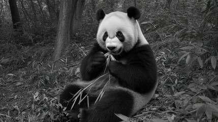 Obraz premium Majestic Panda Enjoying Bamboo in Monochrome