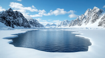 Majestic mountain landscape with serene icy lake and clear blue sky