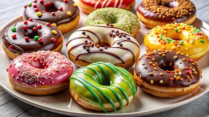 Glazed and sprinkled donuts, a delightful assortment, freshly baked and beautifully presented on a white plate.