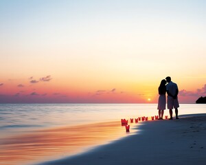 A couple on a 1970s beach, surrounded by red candles in the sand, sharing a compassionate embrace under a vibrant sunset glow